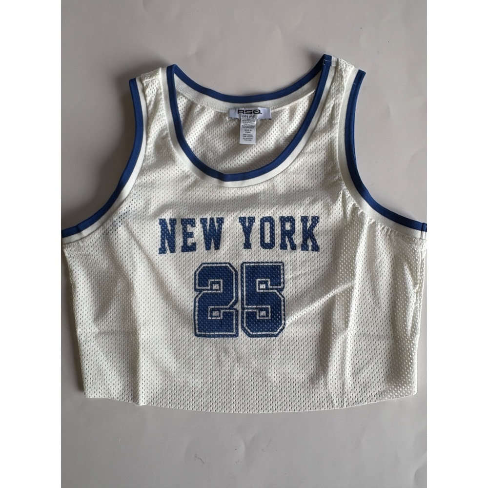 RSQ New York 25 Mesh Crop Tank Top White Blue Jersey XS NWT